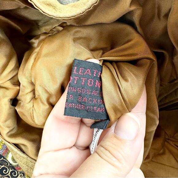 Vintage Tan Genuine Leather Patchwork Scrunched Full Zip Bomber Jacket Size S - Picture 16 of 16